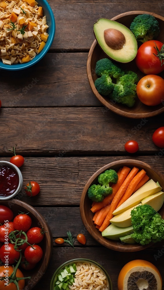 Healthy food choices arranged on a wooden table, viewed from above Healthy food choices arranged on a wooden table, viewed from above