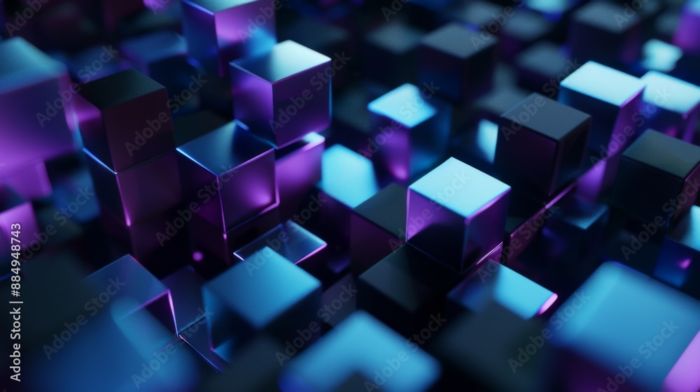 Abstract background wallpaper, with blue and purple cubes in the foreground. cube art, black geometric shapes, top down perspective.