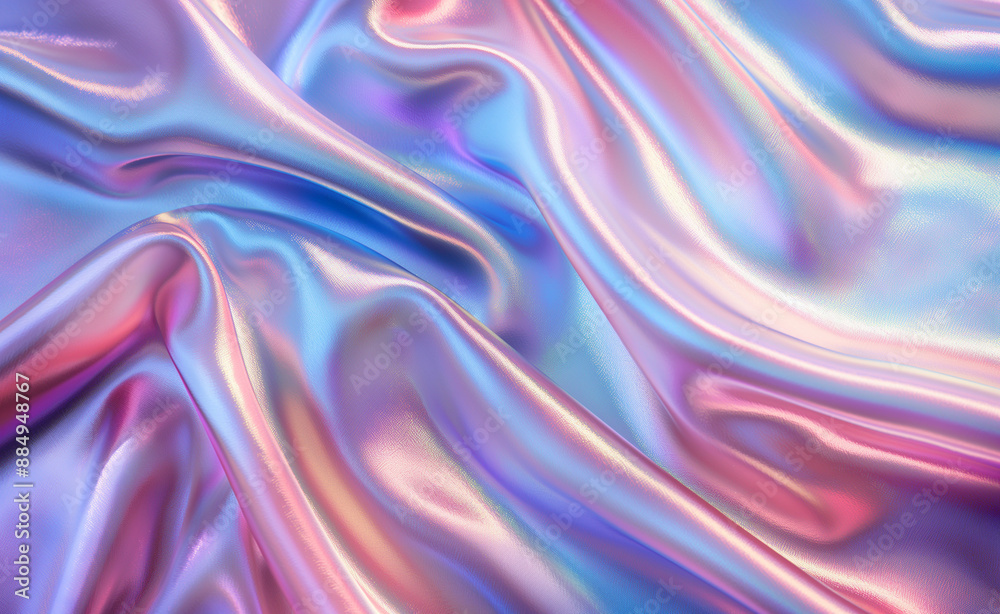Iridescent silk fabric with pink and blue hues creating smooth, wavy folds. Iridescent silk fabric with pink and blue hues creating smooth, wavy folds.