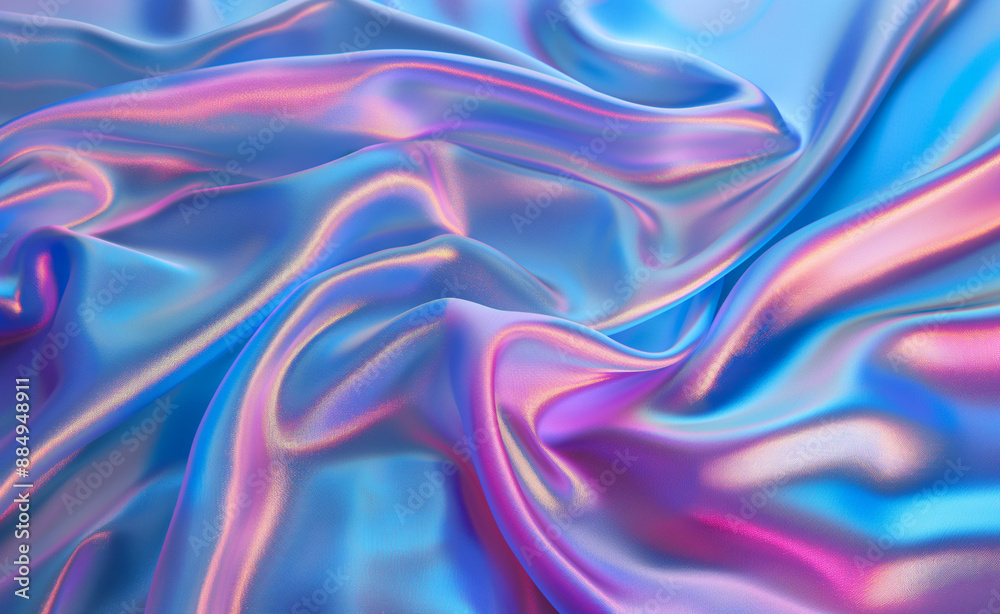 Iridescent silk fabric with pink and blue hues creating smooth, wavy folds. Iridescent silk fabric with pink and blue hues creating smooth, wavy folds.