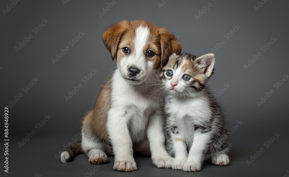 Adorable puppy and kitten sitting side by side against a grey background. Adorable puppy and kitten sitting side by side against a grey background.