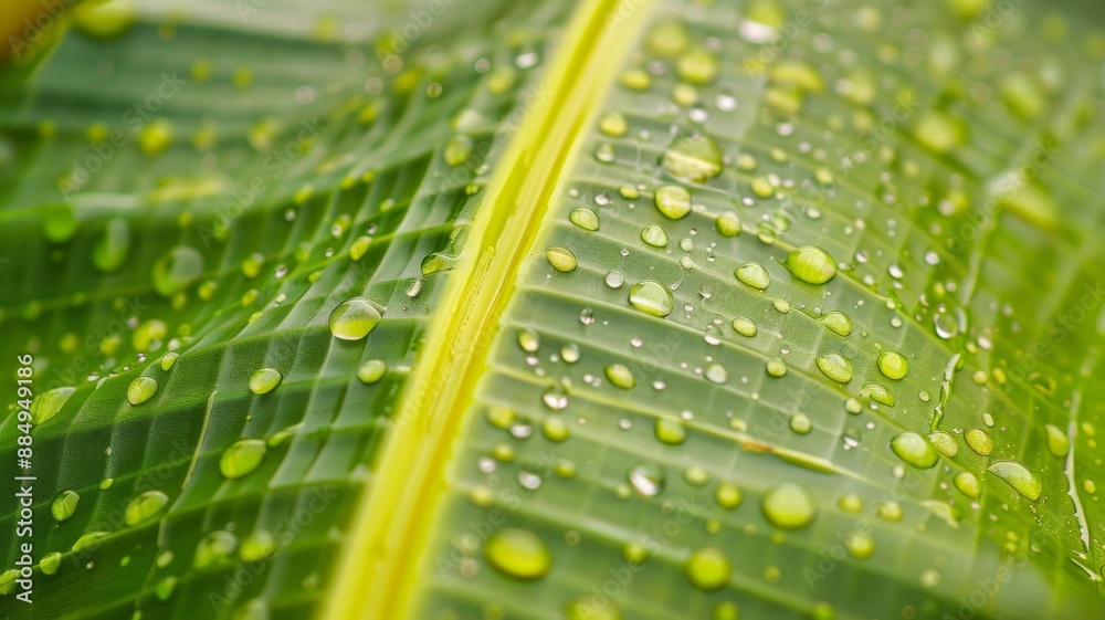 Abstract background wallpaper, tropical banana leaf with raindrops on it, showing its close up texture and fresh green color. Abstract background wallpaper, tropical banana leaf with raindrops on it, showing its close up texture and fresh green color.