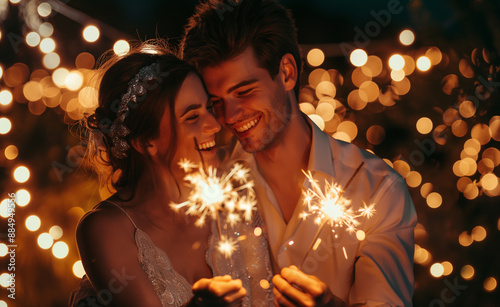 Happy couple holding sparklers at night, enjoying a festive moment. photo