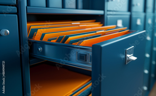 Open drawer filled with organized orange file folders. photo