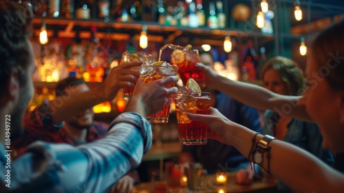 A group of friends raise their glasses in a toast at a lively bar. The image captures the joy and camaraderie of friendship.