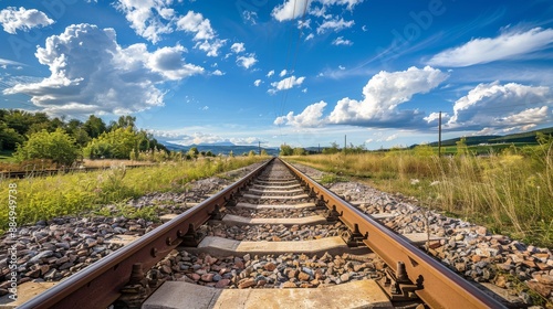 Straight railway disappearing into the horizon. Clear blue summer sky above empty train tracks.