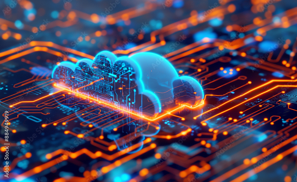 Digital cloud symbol glowing on a circuit board background. Digital cloud symbol glowing on a circuit board background.