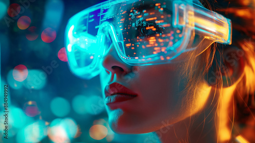 Woman wearing AR glasses in a futuristic city with digital overlays.