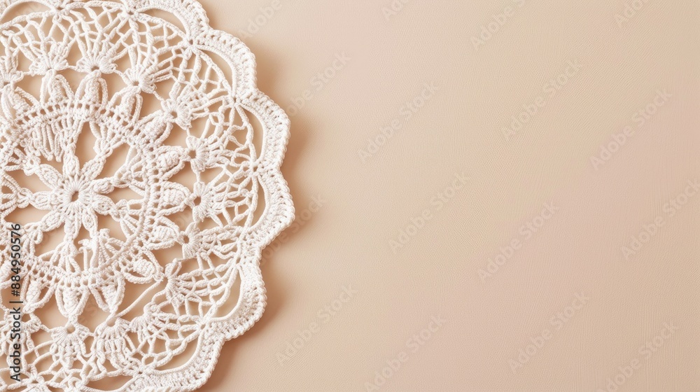 Handmade white crochet design on beige background with space for text Handmade white crochet design on beige background with space for text