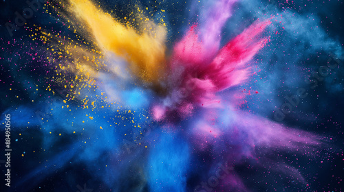 Explosion of colorful powder paint in mid-air. photo