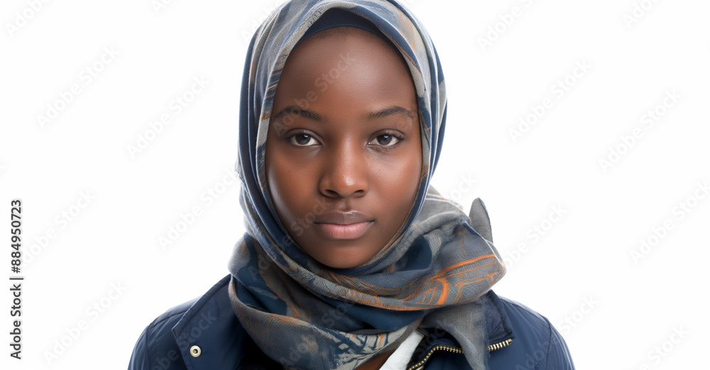 portrait of an African American woman in her late teens with very short hair and wearing a headscarf. She has almond-shaped eyes with long eyelashes portrait of an African American woman in her late teens with very short hair and wearing a headscarf. She has almond-shaped eyes with long eyelashes