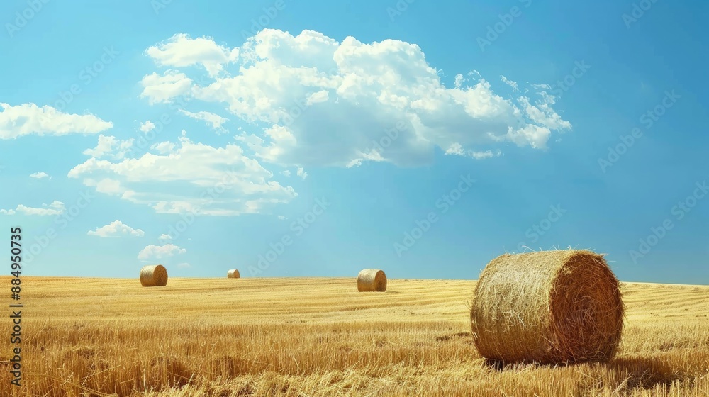 Fototapeta premium Harvested grain fields with hay bales under blue sky in summer Ample space for text