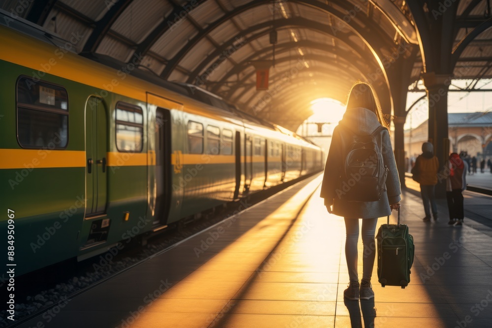 Traveler waiting at train station during sunset