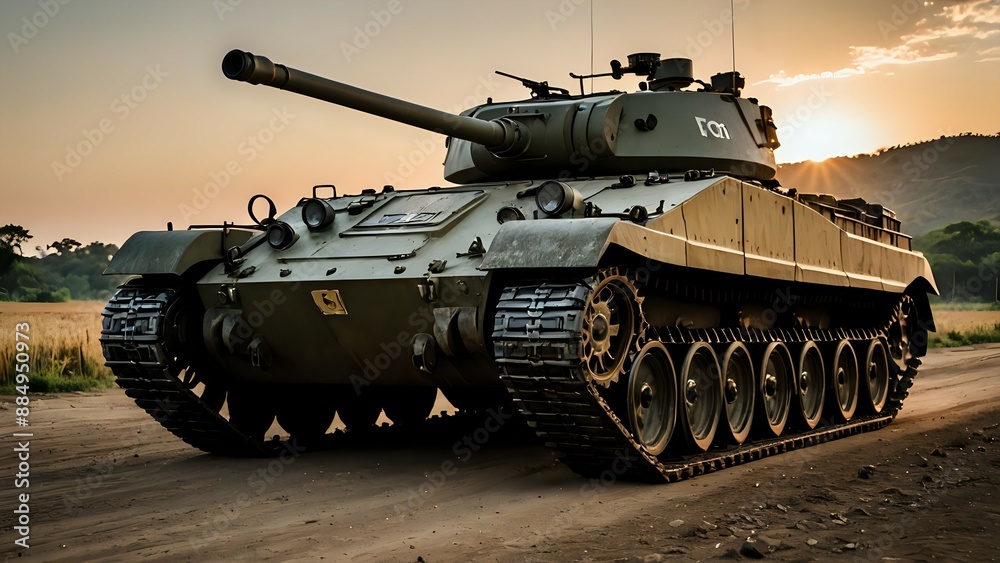A military tank driving through a field at sunset. A military tank driving through a field at sunset.