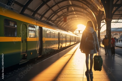 Obraz na płótnie Traveler waiting at train station during sunset w salonie