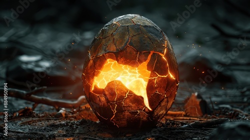 A glowing dinosaur egg with a crack revealing light, set on the right side against a mystical background