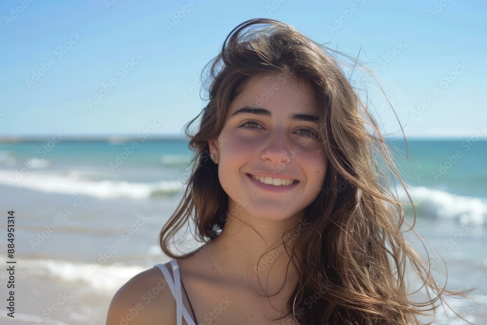 A natural portrait of a young woman with long hair, smiling at the beach, under a clear, sunny sky, with the ocean in the background. A natural portrait of a young woman with long hair, smiling at the beach, under a clear, sunny sky, with the ocean in the background.