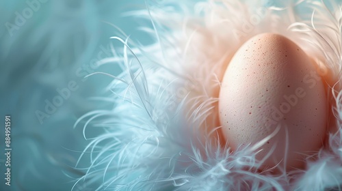 A duck egg surrounded by soft feathers, positioned on the right side of a clean, soft-colored background