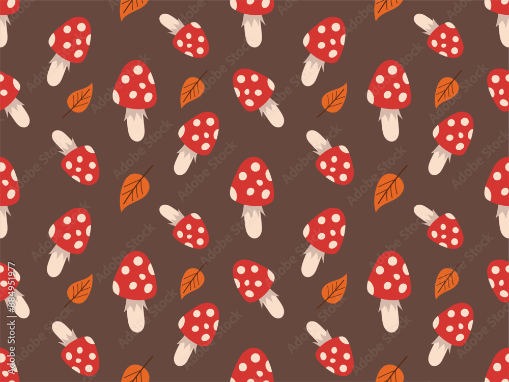 Pattern with fly agarics. Seamless forest pattern: fly agarics and leaves on a brown background Pattern with fly agarics. Seamless forest pattern: fly agarics and leaves on a brown background