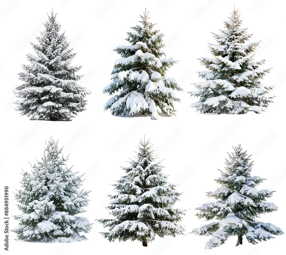 Fototapeta premium Snowy christmas tree set on white background. Cutout png christmas tree illustration