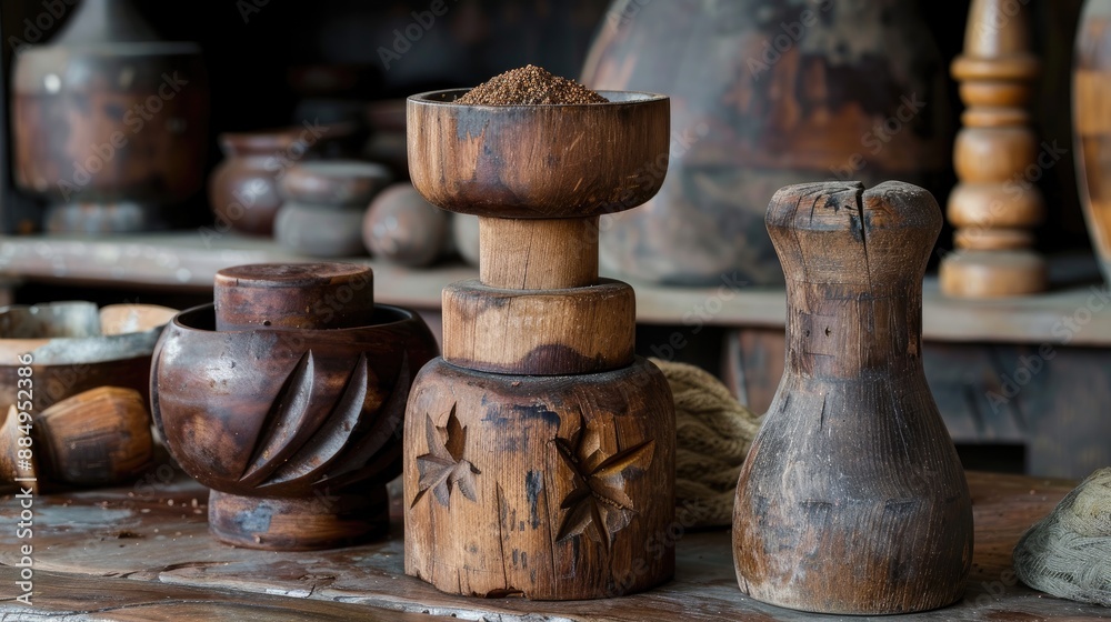 Indonesian wooden grinder for crushing spices at an angle Indonesian wooden grinder for crushing spices at an angle