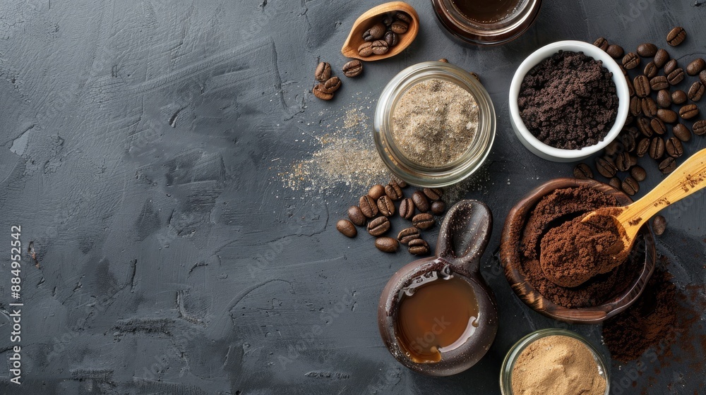 Fototapeta premium Ingredients for creating eco friendly coffee skin scrub with space for text displayed on a gray background