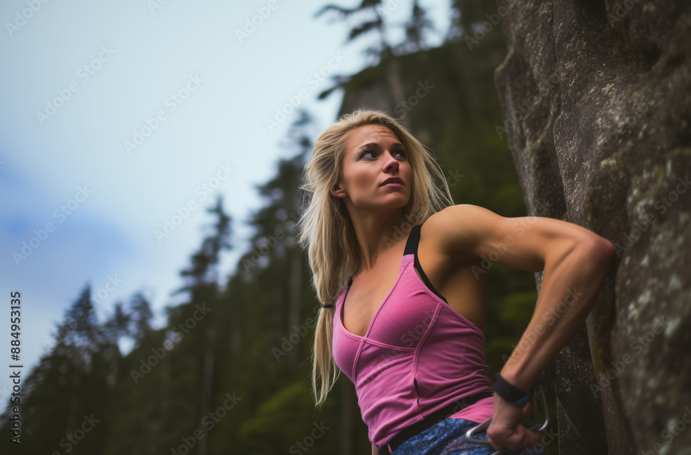 Strong Woman Rock Climber Focused On Her Climb Against Scenic Forest Background On A Cloudy Day Strong Woman Rock Climber Focused On Her Climb Against Scenic Forest Background On A Cloudy Day
