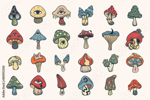 Trippy psychedelic mushroom set, cute doodle sketch