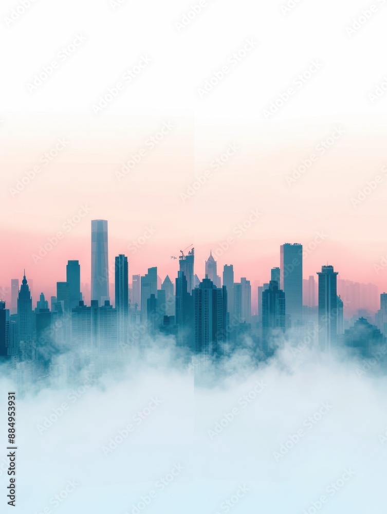 Fototapeta premium City skyline with smog and clear sky halves, symbolizing pollution and clean air, rendered realistically in soft colors on white background with text space, covering