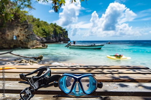 Snorkeling mask on a wooden bench with the beach and blue ocean in the background.