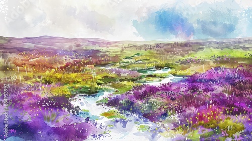 A watercolor depiction of a highland moor with colorful heather and small streams, the landscape painted in vibrant purples, greens, and blues, reflecting the unique beauty of highland terrain.