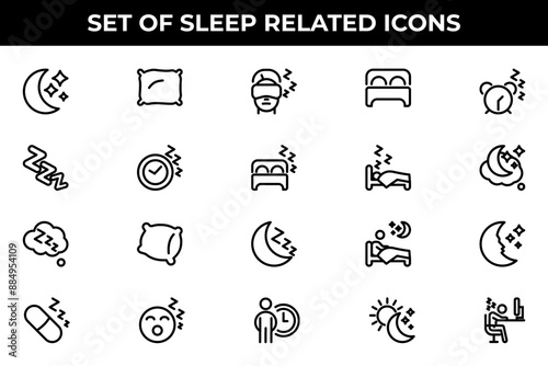 Simple Set of Sleep Related Vector Line Icons. Contains such Icons as Insomnia, Pillow, Sleeping Pills and more.