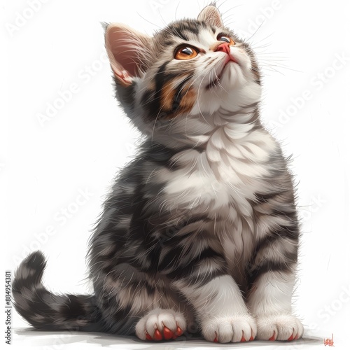 An adorable American Shorthair cat in a sitting position, illustrated in a cute cartoon vector style, isolated on a white background