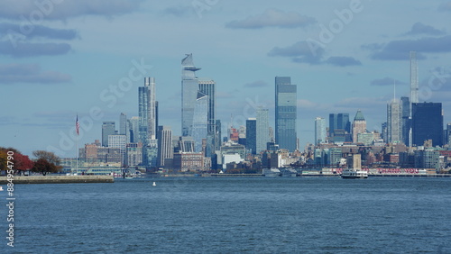 The New York manhattan view from the ferry boat in the sunny day