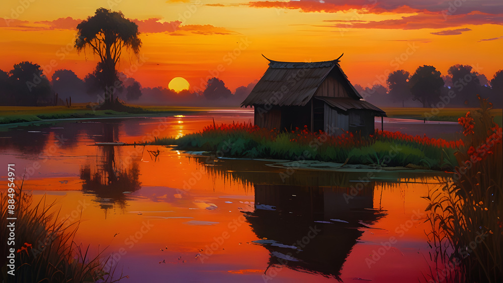 Fototapeta premium sunset over the lake, ai generated