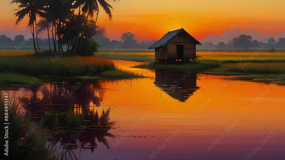 Fototapeta premium sunset over the lake, ai generated