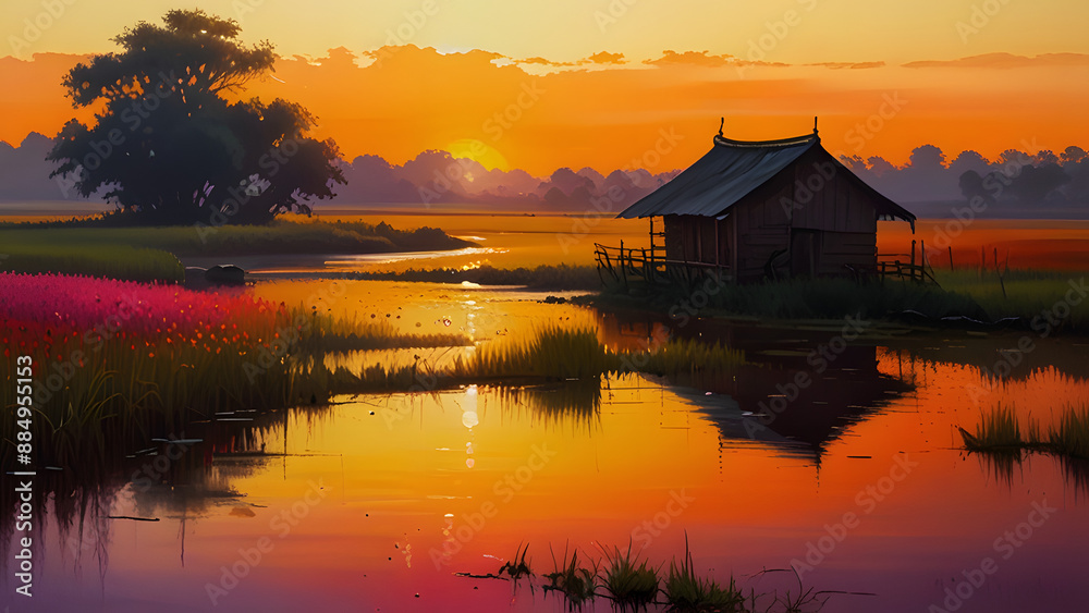 Fototapeta premium sunset on the lake, ai generated