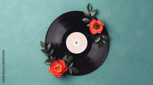 A vinyl record adorned with vibrant red flowers and green leaves on a teal background, blending music and nature aesthetics.