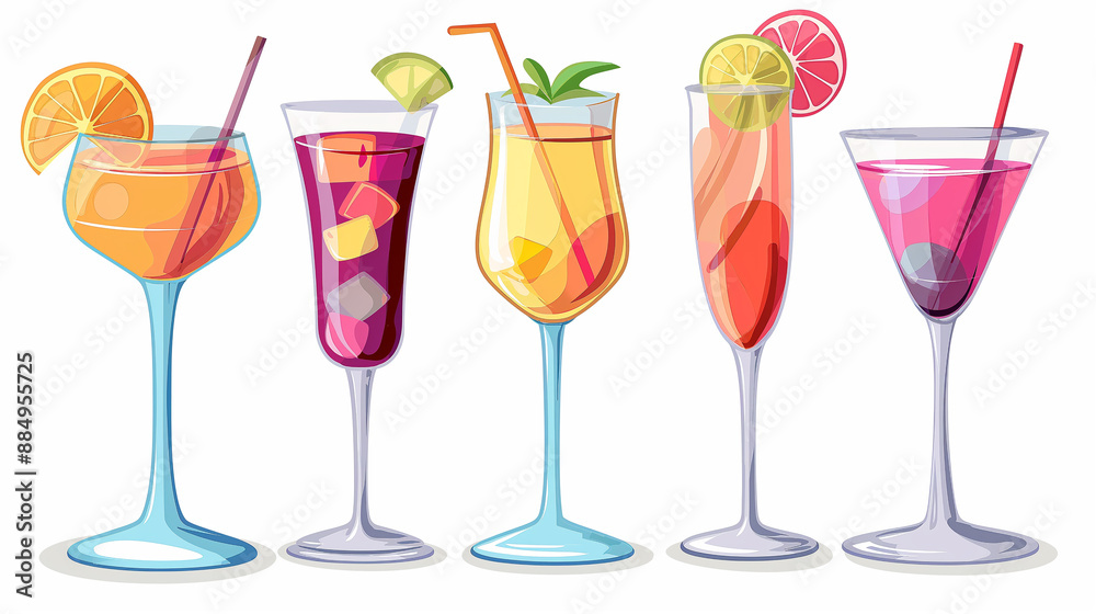 set of cocktails on a white background, illustrated Delicious alcoholic cocktail set. Various colored drinks and mixed drinks, generative ai set of cocktails on a white background, illustrated Delicious alcoholic cocktail set. Various colored drinks and mixed drinks, generative ai