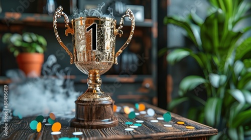 Champion award trophy on wood table, winner concept photo