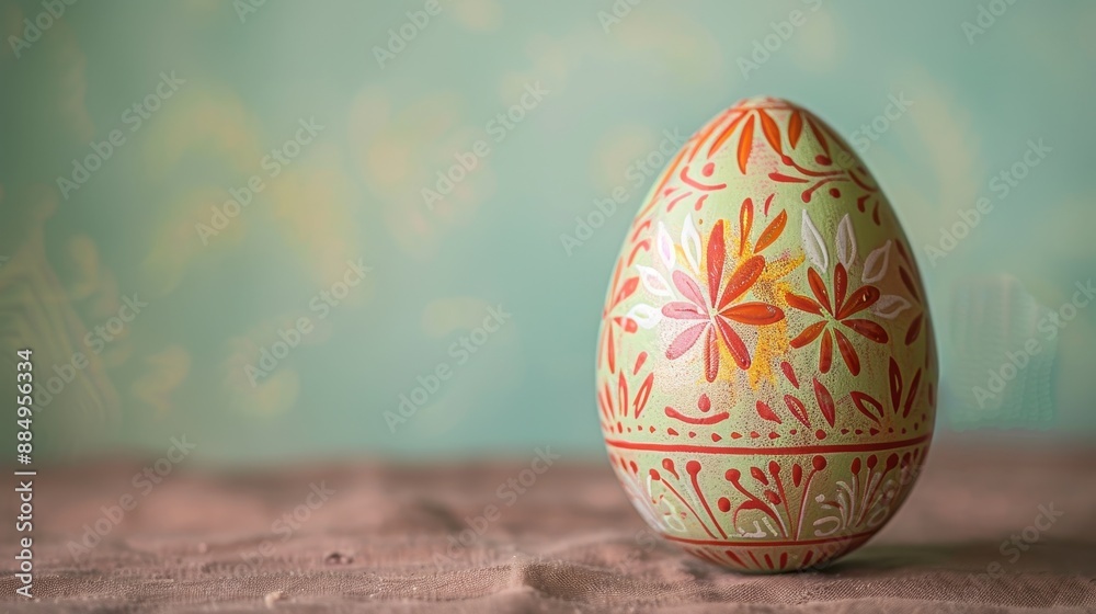A single Easter egg with classic designs, placed on the right side of a softly colored background A single Easter egg with classic designs, placed on the right side of a softly colored background
