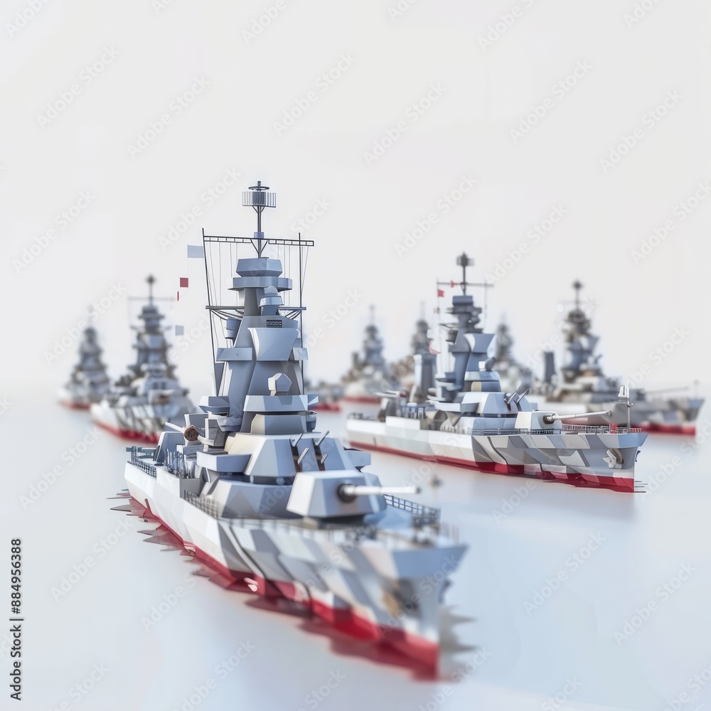 Fototapeta premium 3D Render, Low Poly style of epic battleship fleet on the open sea, on isolated white background, Generative AI