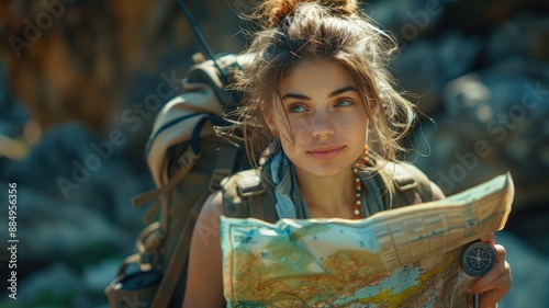 A young woman ready for adventure, receiving a map and compass to guide her journey.