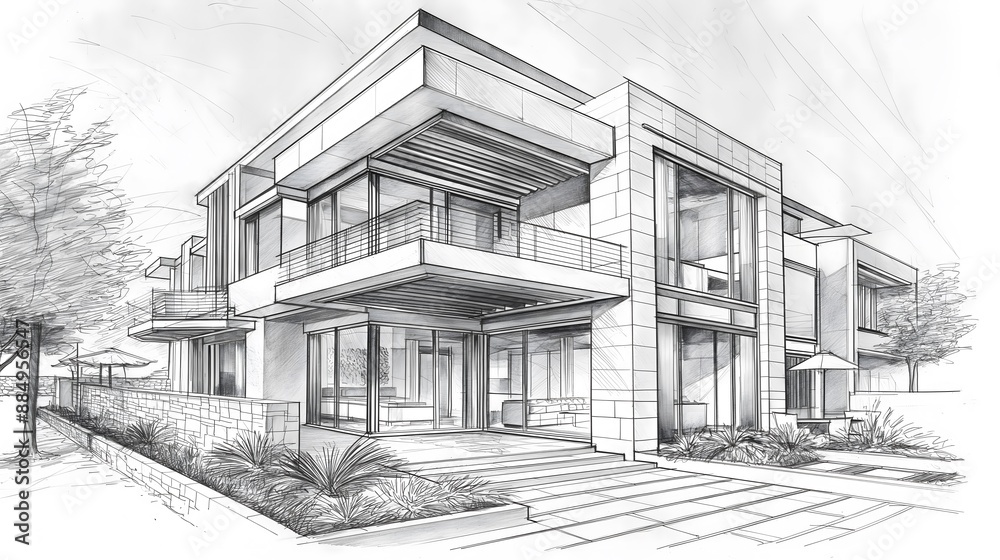 generate a villa facade modern design with balcony, and glazed windows, sketch pencil style generate a villa facade modern design with balcony, and glazed windows, sketch pencil style