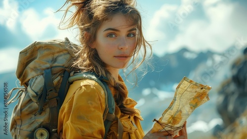 A young woman ready for adventure, receiving a map and compass to guide her journey.