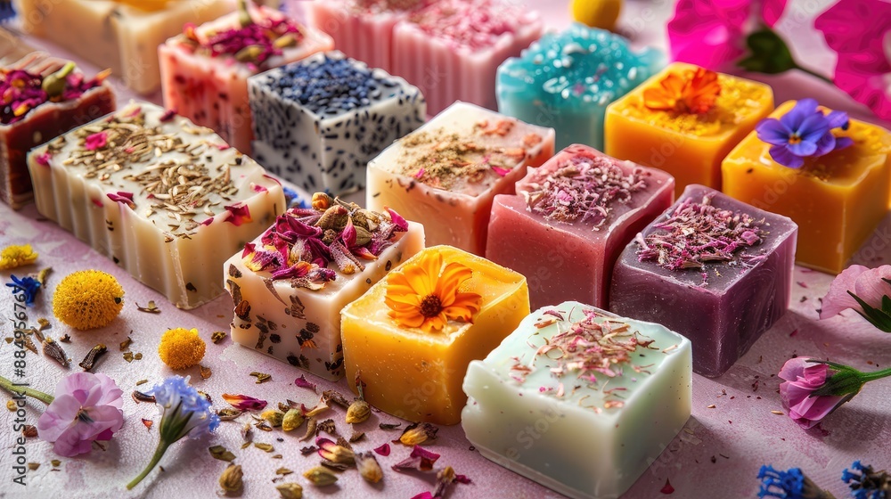 Colorful handmade soap bars with natural ingredients with dried flowers Colorful handmade soap bars with natural ingredients with dried flowers