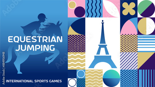 International sports equestrian jumping poster background. Banner of Paris summer world sports competition