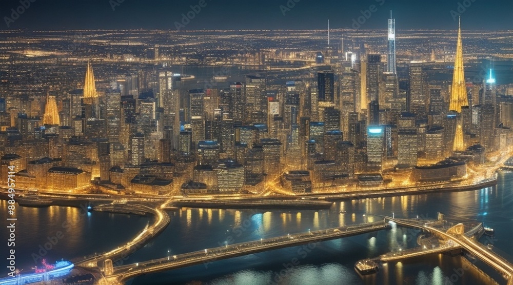 Fototapeta premium Beautiful City skyline at night with illuminated buildings and a river.