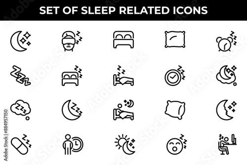 Simple Set of Sleep Related Vector Line Icons. Contains such Icons as Insomnia, Pillow, Sleeping Pills and more.