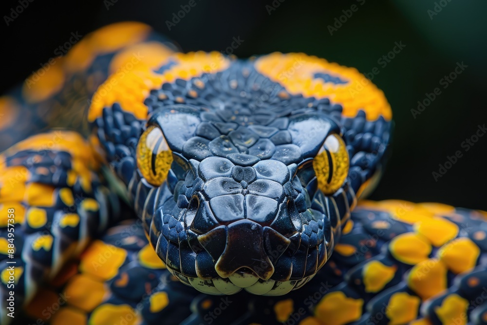 Obraz premium Close-up of vibrantly colored snake with intricate scales and eyes.